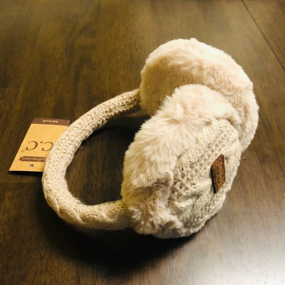 C.C  Beige Cable Knit Ear Muffs w/Faux Fur - Picture 3 of 5